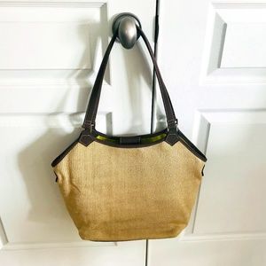 The Sak Tan Woven Crochet Tote - Lime & Red Dots Cotton Lining Brown Trim
